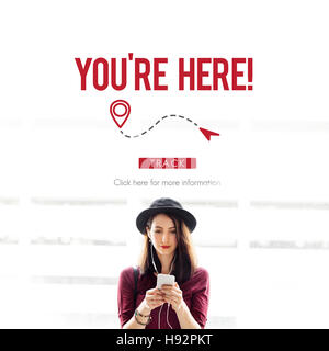 Siete qui spostarsi di localizzazione della posizione il concetto di pianificazione Foto Stock