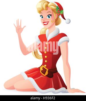 Vector woman in red Christmas Santa outfit saluto e agitando. Illustrazione Vettoriale