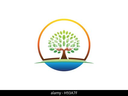 Struttura ad albero a mano il logo, cerchio mani naturale simbolo di albero, circolo wellness icona, lo yoga health care design vettoriali Illustrazione Vettoriale