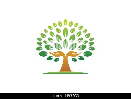 Struttura ad albero a mano logo, mani naturale tree concetto wellness icona, lo yoga health care simbolo disegno vettoriale Illustrazione Vettoriale