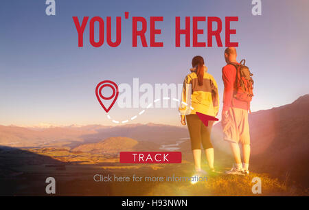 Siete qui spostarsi di localizzazione della posizione il concetto di pianificazione Foto Stock