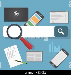 Ottimizzazione per i motori di ricerca illustrazione. SEO analytics e sviluppo web icone piana. Illustrazione Vettoriale