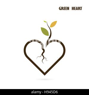 Segno di cuore e la piccola icona di albero con concetto verde.ama la natura creative logo design template.foglia verde e forma di cuore simbolo. Ecologia e pensare verde Illustrazione Vettoriale