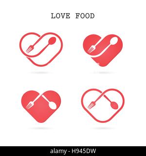 Cucchiaio e forchetta logo con cuore rosso forma vettoriale elemento di design.amore logo food.Il menu del ristorante logo.il cibo e le bevande concetto.illustrazione vettoriale Illustrazione Vettoriale