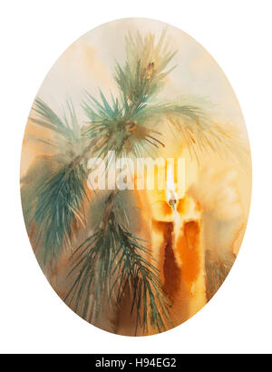 Acquerello isolato illustrazione dell albero di Natale decorato con candele, capodanno, festa di Natale Foto Stock
