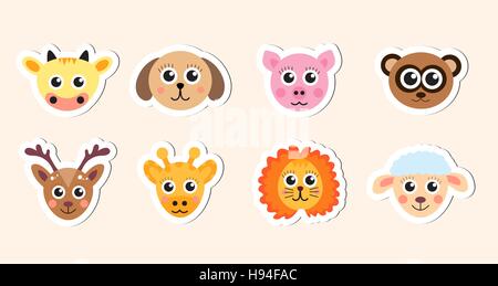 Carino baby testa di animale stickers illustrazione vettoriale Illustrazione Vettoriale