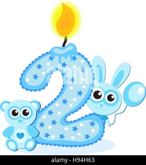 Felice secondo compleanno candela e gli animali isolati su bianco. Il numero due. Carta blu per ragazzo Illustrazione Vettoriale