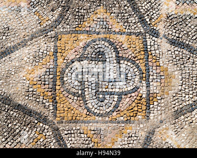 Particolari in mosaico della antica città di Volubilis nel massiccio Zerhoun area del Marocco Foto Stock