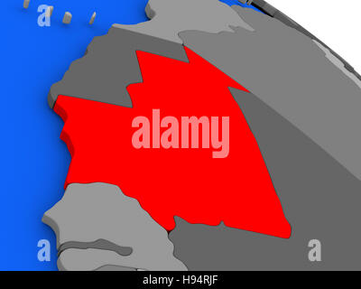 Mappa della Mauritania evidenziata in rosso su un globo. 3D illustrazione Foto Stock