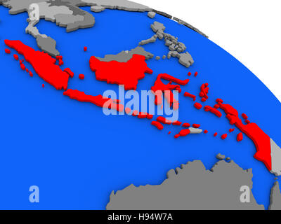 Mappa di Indonesia evidenziata in rosso su un globo. 3D illustrazione Foto Stock