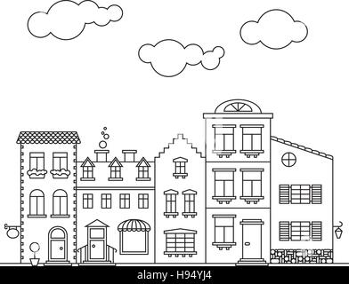 Facciate di edifici sul piccolo villaggio main street line art Illustrazione Vettoriale