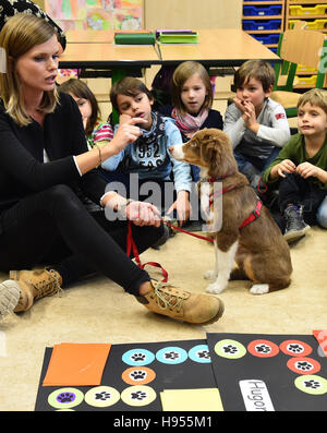 Potsdam, Germania. Xviii Nov, 2016. Insegnante di classe Stefanie Muehlberg della classe 1a scuola ha cane Hugo giocare con i bambini presso il Goethe la scuola primaria a Potsdam, Germania, 18 novembre 2016. Il 19-week-old Mini pastore australiano Hugo è stato in servizio a partire dall'inizio dell'anno scolastico come un pedagogo su quattro zampe". Foto: BERND SETTNIK/DPA/Alamy Live News Foto Stock