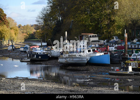 Barche ormeggiate sul fiume Tamigi a Eel Pie Island a Twickenham, West London, con la bassa marea, dopo il fiume è stato scaricato per l annuale di draw-off, periodo durante il quale un fiume di ispezione e operazioni di manutenzione fondamentali opere saranno effettuati sul blocco di Richmond, sbarramenti e chiuse. Foto Stock