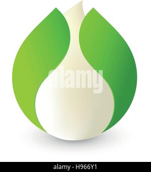 Isolato bianco astratto goccia di latte in verde foglia fresca logo. Prodotti lattiero-caseari logotipo. Panna acida o kefir icona. I prodotti organici segno. Caduta di vettore di latte illustrazione. Illustrazione Vettoriale