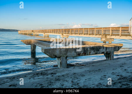 Una vista del molo di pesca in punto e linea, Washington a marea alta. Foto Stock
