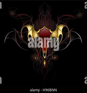 Artisticamente dipinte banner, in stile gotico, decorata con golden membranosa ed ali sagomate. Illustrazione Vettoriale