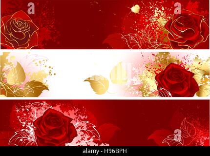 Tre Banner orizzontale con rose rosse, decorata con spruzzi di vernice. Illustrazione Vettoriale