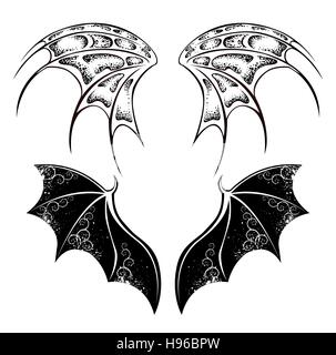 Set di monocromatico, isolato, nero, Drago Ali, dipinta in stile tribale su sfondo bianco. Illustrazione Vettoriale