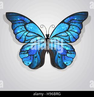 Artisticamente dipinte blue butterfly morfo strutturata con ali iridescenti su uno sfondo luminoso. Illustrazione Vettoriale