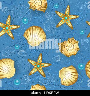 Senza cuciture, blu, sfondo sabbia d'oro di conchiglie e stelle marine. Illustrazione Vettoriale