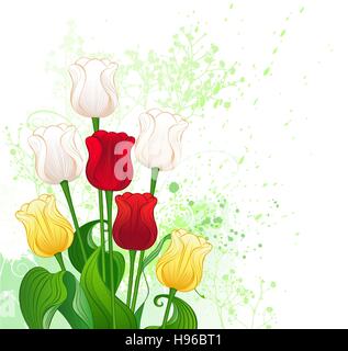 Artisticamente dipinte di un bouquet di sette tulipani, rosso, giallo e bianco e decorato con piante ornamentali e una goccia di vernice verde. Illustrazione Vettoriale