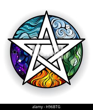 Artisticamente dipinte pentacolo magico con gli elementi di acqua, terra, aria, fuoco, Astral, su uno sfondo bianco. Lo stile di tatuaggio. Magico simbolo. Illustrazione Vettoriale