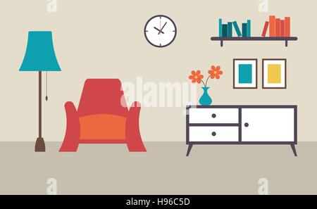 Soggiorno con mobili, interior design design piatto illustrazione vettoriale Illustrazione Vettoriale