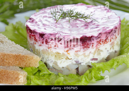 Insalata "aringa sotto una pelliccia"su una piastra bianca Foto Stock