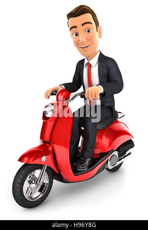 3d uomo d affari a cavallo di uno scooter, illustrazione isolato con sfondo bianco Foto Stock