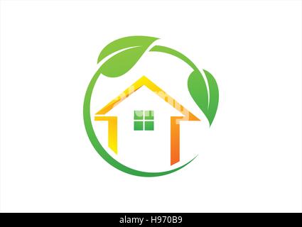 Cerchio home logo, illustrazione casa piante verdi vettore simbolo ,home ecologia design icona Illustrazione Vettoriale