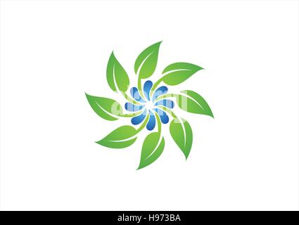 Cerchio di foglie cadute di acqua logo, gocce d'acqua natura pianta simbolo, molla icona disegno vettoriale Illustrazione Vettoriale