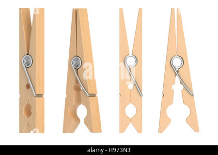 Set di clothespins in legno, rendering 3D isolati su sfondo bianco Foto Stock