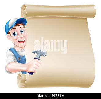 Un cartoon falegname o builder uomo in un cappuccio hat e salopette da blu tenendo un martello e spiata intorno a una rotellina di scorrimento Foto Stock