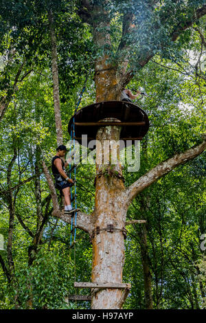 L uomo e la donna al parco avventura preparando andare lungo i vari ostacoli nel treetops in Bali Indonesia Foto Stock