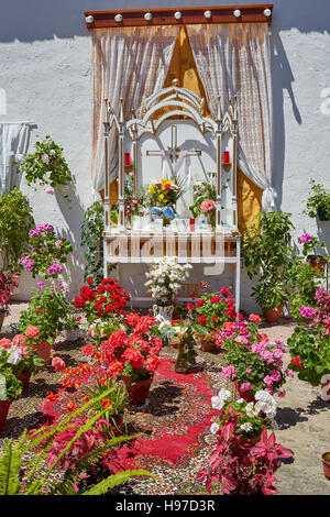 A Monesterio fiori religiosa altare da via de la Plata il modo in Estremadura di Spagna Foto Stock