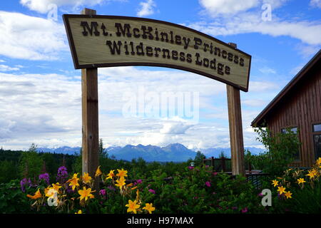 Una vista panoramica del Denali (Monte McKinley) da Mt. McKinley Princess Wilderness Lodge, Denali State Park, Alaska Foto Stock