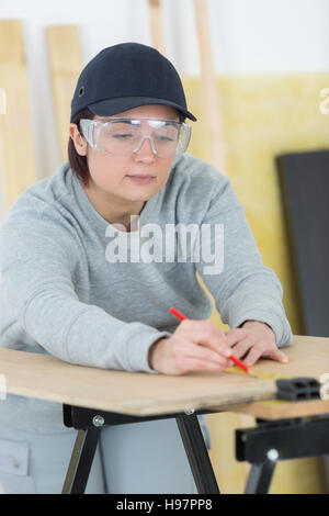 Ritratto di donna felice falegname redazione nuovo progetto in officina Foto Stock