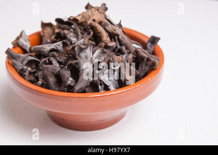 Ciotola di argilla pieno di corno dell'abbondanza di funghi. Isolato Foto Stock