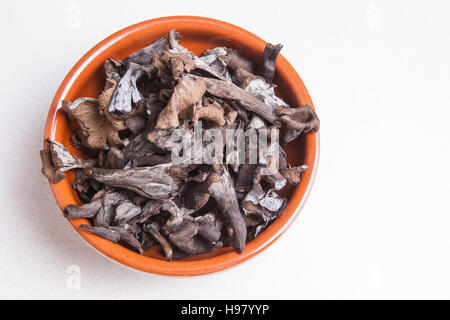 Ciotola di argilla pieno di corno dell'abbondanza di funghi. Isolato Foto Stock