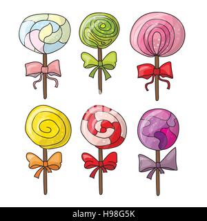 Set di lecca lecca colorati in mano stile disegnato. Raccolta di caramelle a spirale schizzo Illustrazione Vettoriale