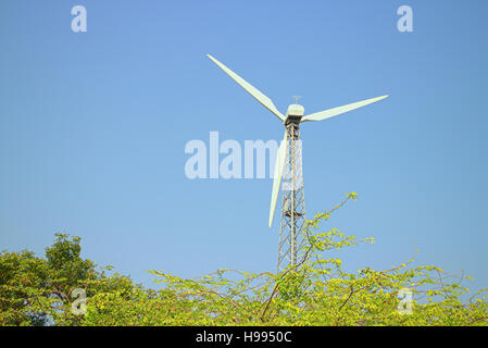 Le fonti di energia alternativa 8. Wind Farm nella provincia indiana del Kerala. Molti generatori a vento posizionarsi di fronte al terreno montuoso Foto Stock