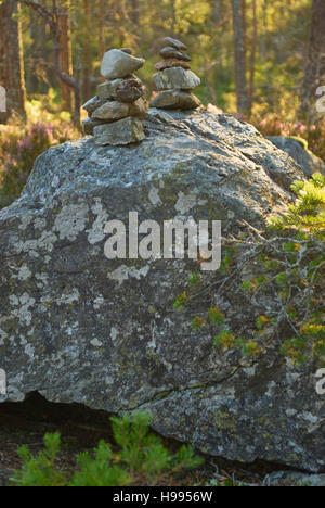 Cairn (uomo-fatta palo) di pietre in Tresticklan National Park, Svezia Foto Stock