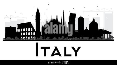 Italia skyline in bianco e nero la silhouette. Illustrazione Vettoriale. Piatto semplice concetto per il turismo presentazione, banner, cartellone o sito web. Illustrazione Vettoriale