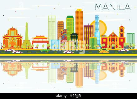 Lo Skyline di Manila con edifici di colore, cielo blu e riflessi. Illustrazione Vettoriale. Viaggi di affari e di turismo con il concetto di architettura moderna. Illustrazione Vettoriale