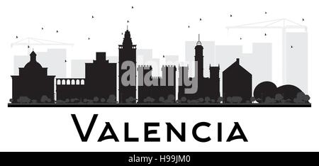 Valencia dello skyline della città in bianco e nero la silhouette. Illustrazione Vettoriale. Piatto semplice concetto per il turismo presentazione, banner, cartellone o sito web. Illustrazione Vettoriale