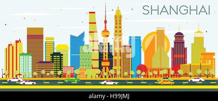 Abstract dello skyline di Shanghai con edifici di colore e cielo blu. Illustrazione Vettoriale. Viaggi di affari e di turismo con il concetto di architettura moderna. Illustrazione Vettoriale