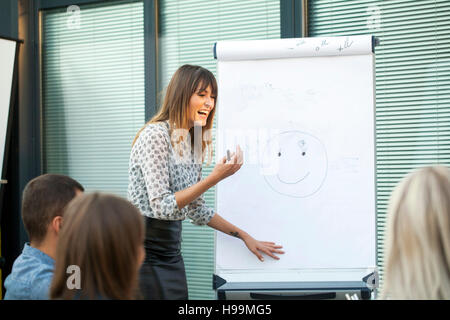 Imprenditrice in officina di un disegno volto umano sulla lavagna a fogli mobili Foto Stock