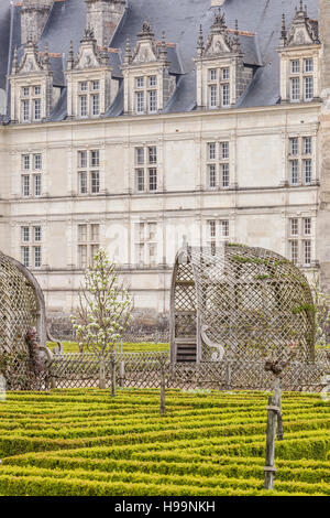 Simmetricamente bellissimi giardini presso il castello di Villandry in Francia. Il castello si trova nel centro storico della Valle della Loira. Foto Stock