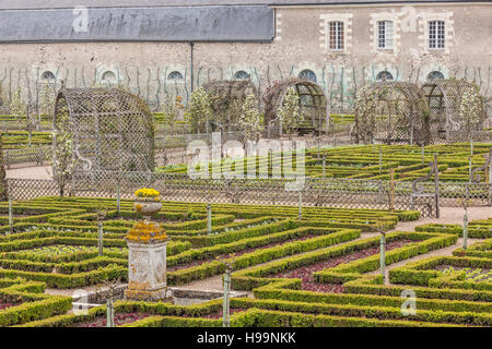 Simmetricamente bellissimi giardini presso il castello di Villandry in Francia. Il castello si trova nel centro storico della Valle della Loira. Foto Stock