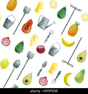 Acquerello disegno vettoriale di graziosi frutti e attrezzi da giardino. Modello senza giunture di acquerelli di frutti colorati isolato su uno sfondo bianco. Illustrazione Vettoriale